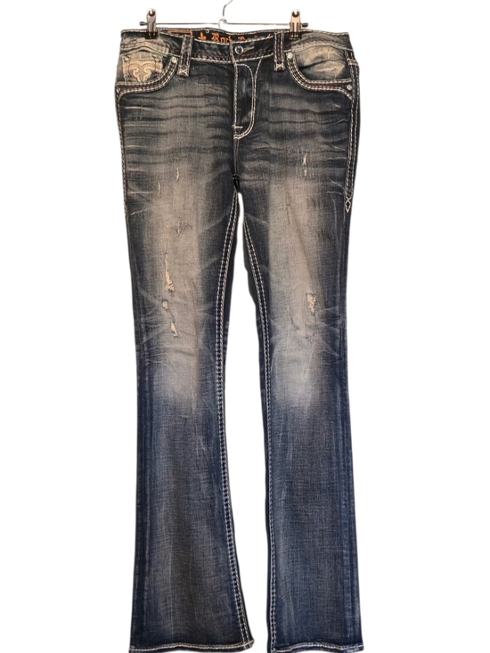 Rock Revival Denim - Rock Revival Faded Distressed Flared Jeans | Dark Blue Size 29